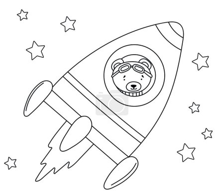 Ilustración de Página para colorear para niños: Oso volando en un cohete entre estrellas, para niñosS La creatividad es un libro para colorear atractivo para niños con ilustraciones vectoriales de un oso volando en un cohete entre estrellas - Imagen libre de derechos