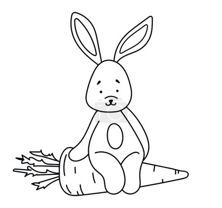 Illustration for Coloring Page For Kids Featuring A Bunny Sitting On A Large Carrot, Perfect For ChildrenS Creativity Is A Fun, Creative Coloring Book For Children, Featuring Vector Illustrations - Royalty Free Image