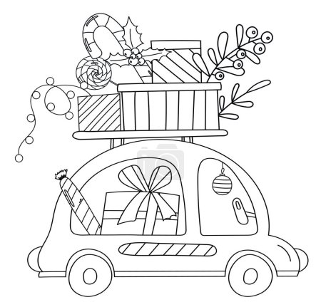 Téléchargez les illustrations : Coloriage Une illustration festive d'une voiture portant des cadeaux et des bonbons pour Noël, est un livre de coloriage créatif pour les enfants - en licence libre de droit