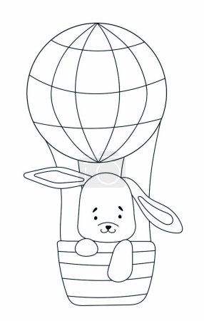 Ilustración de Página para colorear para niños: Bunny volando en una canasta de globos de aire caliente, una actividad creativa para los niños, una divertida ilustración vectorial para la creatividad de los niños - Imagen libre de derechos