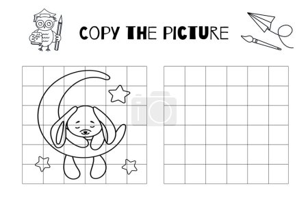 Illustration for Draw The Hare Sleeping On The Moon In This Vector Drawing Practice Worksheet, A Printable Black And White Activity For Kids To Copy Or Complete The Picture On The Coloring Page - Royalty Free Image