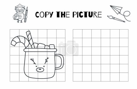 Illustration for In This Vector Drawing Practice Worksheet, Kids Can Draw A New YearS Cup Of Cocoa With Marshmallows And Candies, Copy The Picture, Or Complete The Coloring Page - Royalty Free Image