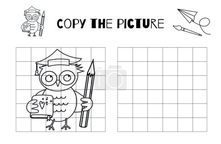 Téléchargez les illustrations : Dans cette activité imprimable en noir et blanc pour les enfants, dessinez une chouette intelligente avec un livre et un crayon sur la feuille de travail de pratique de dessin vectoriel et complétez l'image sur la page à colorier - en licence libre de droit