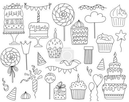 Illustration for This Coloring Page For Kids Features A Set Of Sweet Illustrations Including Cakes, Cupcakes, And Candies, Perfect For ChildrenS Creativity And A Creative Coloring Book - Royalty Free Image