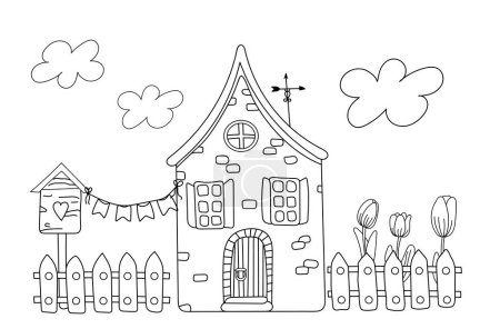 Téléchargez les illustrations : Coloriage d'image de printemps pour les enfants dispose d'une maison, Birdhouse, clôture et tulipes dans une illustration vectorielle, parfait pour un livre à colorier noir et blanc à imprimer - en licence libre de droit