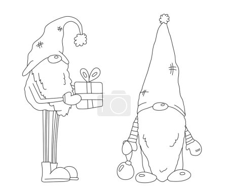 Illustration for Coloring Page For Kids Features Two Christmas Gnomes With A Gift And A Christmas Tree Toy, In A Christmas Coloring Book Vector Illustration, Ready For Black And White Printing - Royalty Free Image
