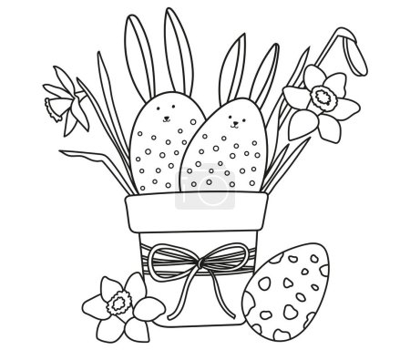 Illustration for Easter-Themed Coloring Page For Kids Features A Flower Pot With Daffodils And Easter Eggs, Presented As A Black And White Vector Illustration For A Coloring Book - Royalty Free Image