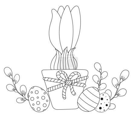 Illustration for Coloring Page For Kids, Easter Theme - Flower Pot With Primrose Sprout, Easter Eggs And Willow. Vector Illustration. Black And White Coloring Book For Printing. - Royalty Free Image