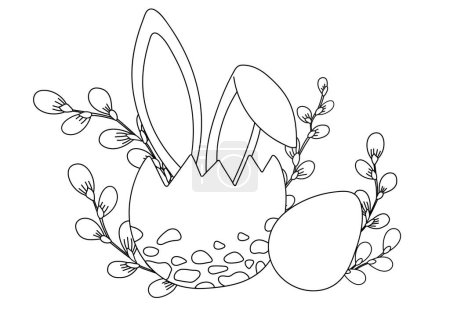 Illustration for Easter-Themed Coloring Page For Kids Features Bunny-Eared Easter Eggs And Willow, In A Vector Illustration, And A Black-And-White Coloring Book Page Showcases - Royalty Free Image