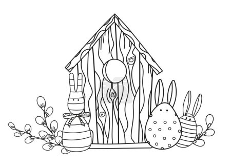 Téléchargez les illustrations : Page à colorier à thème pascal pour les enfants avec un nichoir, des œufs de Pâques et du saule, présenté comme une illustration vectorielle noire et blanche pour un livre à colorier - en licence libre de droit