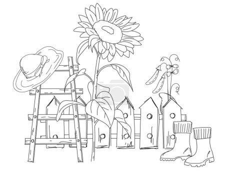 Illustration for Coloring Book For ChildrenS Creativity Features A Hand-Drawn Rural Illustration Of A Fence With A Ladder, Sunflower, Straw Hat, And Rubber Boots, Ready For Print As A Vector Coloring Page - Royalty Free Image