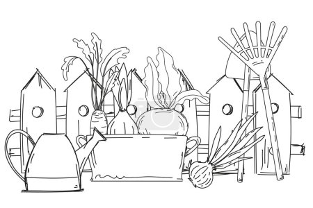 Ilustración de Libro para colorear para niños La creatividad cuenta con una ilustración rural de una valla, plántulas, regadera y rastrillo, que representa un jardín en la aldea, dibujado a mano y listo para imprimir - Imagen libre de derechos
