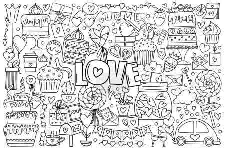Ilustración de Set de Doodle dibujado a mano en vector, con una página para colorear para aliviar el estrés para el día de San Valentín con corazones, caramelos y dulces para el 14 de febrero, es un lindo libro para colorear - Imagen libre de derechos
