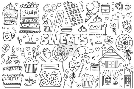 Illustration for Hand-Drawn Vector Doodle Set Features A Stress-Relief Coloring Page Theme Of Sweets, Including An Array Of Cakes, Candies, Cupcakes, Ice Cream, And More, Making It A Cute Coloring Book - Royalty Free Image