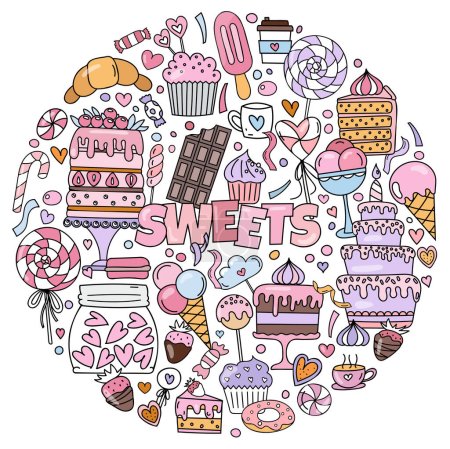 Illustration for Hand-Drawn And Colored Doodles Themed On Sweets, Including A Set Of Pictures With Cakes, Candies, And Other Treats For Stress-Relief Coloring - Royalty Free Image