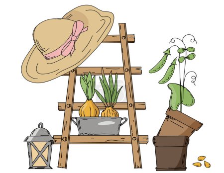 Ilustración de Escalera, sombrero y macetas dibujadas a mano con plántulas conforman una ilustración de jardín - Imagen libre de derechos