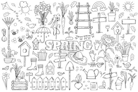 Ilustración de Conjunto de vectores dibujados a mano de Doodles para colorear página antiestresantesRelieve en un tema de primavera, con flores, herramientas de jardín, y casas de aves, sirve como un libro para colorear - Imagen libre de derechos