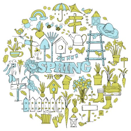 Illustration for Hand-Drawn Vector Set Of Doodles On A Spring Theme, Featuring Flowers, Garden Tools, And Birdhouses - Royalty Free Image