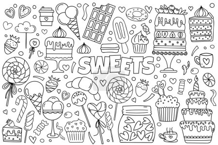 Illustration for Hand-Drawn Vector Doodle Set Features A Stress-Relief Coloring Page Theme Of Sweets, Including An Array Of Cakes, Candies, Cupcakes, Ice Cream, And More, Making It A Cute Coloring Book - Royalty Free Image