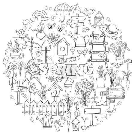 Illustration for Hand-Drawn Vector Set Of Doodles Coloring Page antistressRelief On A Spring Theme, Featuring Flowers, Garden Tools, And Birdhouses, Serves As A Coloring Book - Royalty Free Image