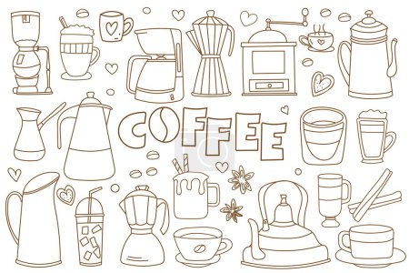 Illustration for Doodles On The Theme Of Coffee, Anti-Stress Coloring Illustrations Of Coffee Cups And Coffee Machines, Etc., Depict My Image - Royalty Free Image