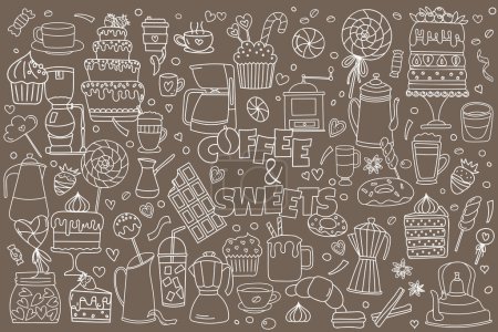 Téléchargez les illustrations : Caniches sur le thème du café - Café et sucreries, Illustration sur un fond brun de café, Gâteaux et sucreries - en licence libre de droit