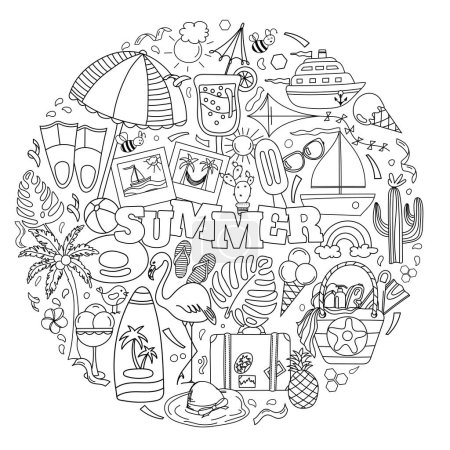Illustration for Hand-Drawn Vector Doodle Set For A Summer-Themed Anti-Stress Coloring Page, Featuring The Sea And Everything Needed For Summer Relaxation In A Coloring Book - Royalty Free Image