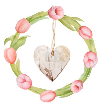 Illustration for Beautiful pink tulip flowers wreath with heart watercolor paiting. Spring blossom garden plant aquarelle art for design and decoration - Royalty Free Image