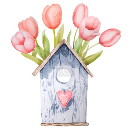 Illustration for Beautiful pink tulip flowers and wooden bird house watercolor paiting. Spring blossom garden plant aquarelle drawing - Royalty Free Image