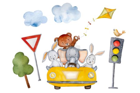 Téléchargez les illustrations : Caricature ours, éléphant et lapin en voiture jaune avec peinture à l'aquarelle oiseau et cerf-volant. Transport automobile avec animaux mignons, feux de circulation et arbres aquarelle illustration de voyage - en licence libre de droit