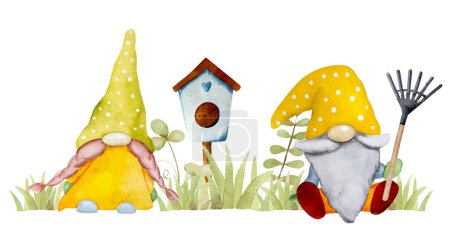 Illustration for Garden dwarfs with tool and bird house watercolor cartoon painting for postcards. Cute gnomes aquarelle drawing - Royalty Free Image