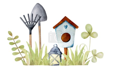 Ilustración de Linda casa de aves con pala de jardín y helicóptero en pintura de acuarela de hierba verde. Hermoso dibujo de primavera aquarelle con herramientas de pajarera y cosecha - Imagen libre de derechos