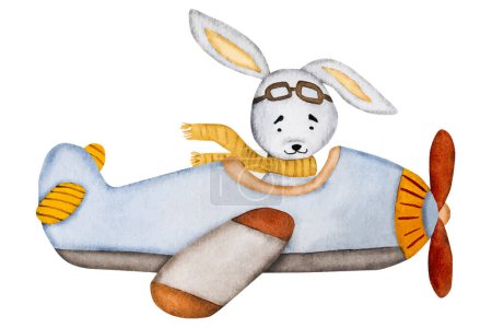 Illustration for Cute bunny pilot flying in plane watercolor painting for postcard. Cartoon rabbit aquarelle drawing for children baby decoration - Royalty Free Image