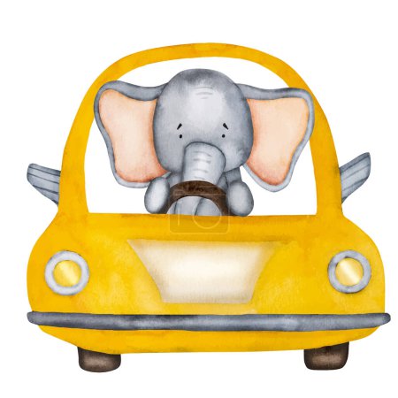 Illustration for Cute elephant driver in orange car watercolor painting for postcard. Cartoon animal with trunk in automobile aquarelle drawing for children baby decoration - Royalty Free Image