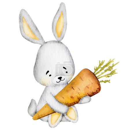 Ilustración de Lindo conejito sosteniendo pequeña pintura de acuarela de zanahoria para la postal del bebé. Dibujos animados conejo con naranja dibujo acuarela vegetal para la decoración de los niños - Imagen libre de derechos