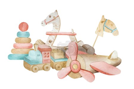 Illustration for Watercolor wooden toys for infant baby. Rocking horse, pyramide and plane from eco natural material for child kid development - Royalty Free Image