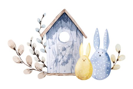 Ilustración de Birdhouse, Willow, And Decor - Easter Eggs With Rabbit Ears, Hand-Painted With Watercolor, Are An Illustration For Easter - Imagen libre de derechos
