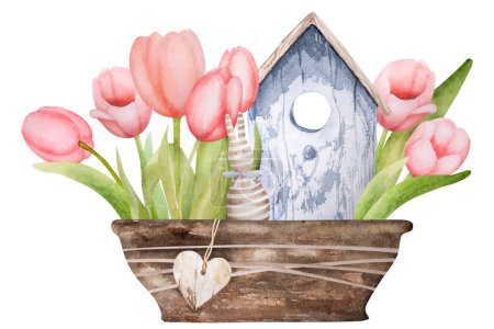 Ilustración de Acuarela hecha a mano Birdhouse y tulipanes en una olla simbolizan la Pascua y la primavera - Imagen libre de derechos