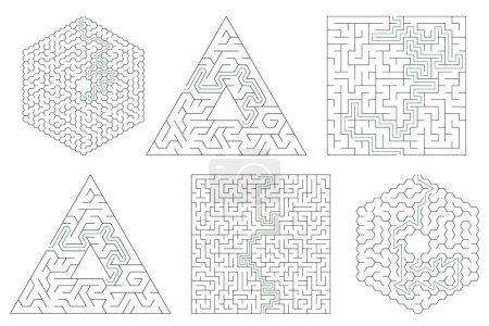 Illustration for Vector mazes isolated on white background, set. Education logic game labyrinth for kids. With the solution. - Royalty Free Image