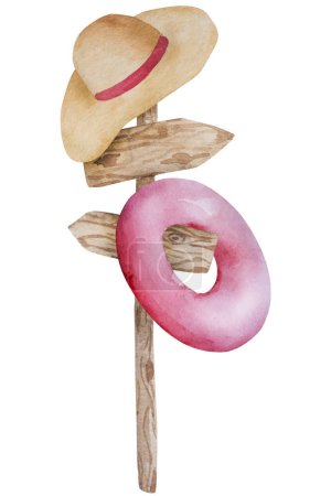 Illustration for Vector Watercolor Illustration Of A Summer-Themed Featuring A Wooden Signpost With A Hanging Hat And Swimming Ring Clipart On A White Background - Royalty Free Image