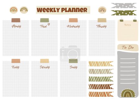 Téléchargez les illustrations : Printable planner template in vector with cartoon rainbow drawings and colorful elements. Daily schedul week calendar with ilustration - en licence libre de droit