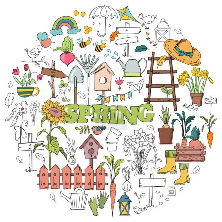 Ilustración de Conjunto de vectores dibujados a mano de fideos sobre un tema de primavera, con flores, herramientas de jardín y casas de aves - Imagen libre de derechos
