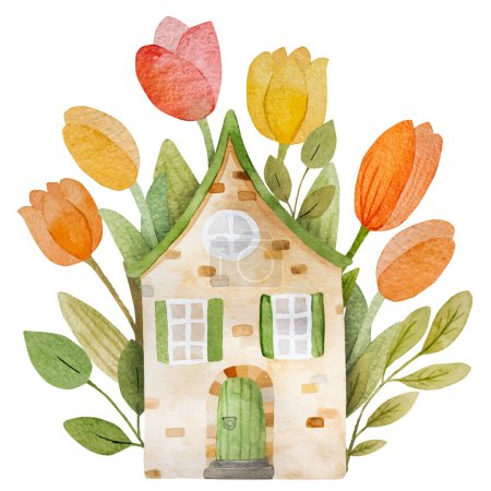 Illustration for Hand-Drawn Watercolor Vector Illustration Features A Charming Country House With Tulips - Royalty Free Image