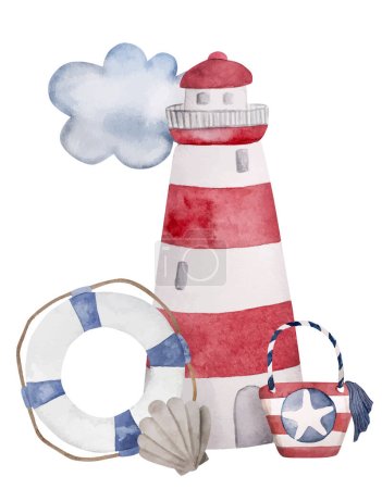Illustration for Hand-Drawn Watercolor Vector Illustration Of A Lighthouse And Lifebuoy Makes For Perfect Summer Clipart - Royalty Free Image