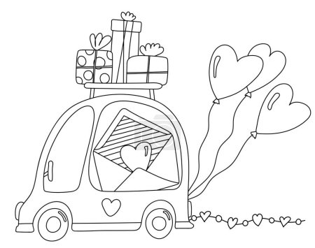 Téléchargez les illustrations : Coloriage avec une voiture avec des cadeaux et des coeurs pour la Saint-Valentin est un débouché créatif - en licence libre de droit