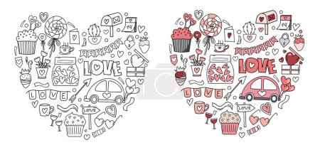 Téléchargez les illustrations : Doodle dessiné à la main sous forme vectorielle en forme de coeur, est une page à colorier anti-stress pour la Saint-Valentin, avec des coeurs, des bonbons et des bonbons pour Février 14Th dans un livre à colorier mignon - en licence libre de droit