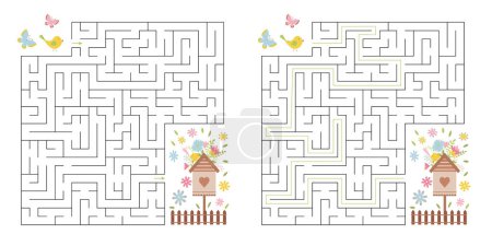 Ilustración de Laberinto - Puzzle para niños ayuda a pajarito a encontrar su camino a la pajarera - Imagen libre de derechos