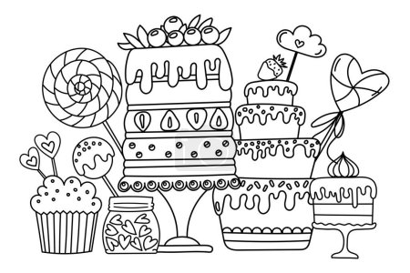 Coloriage - Illustration douce avec beaucoup de friandises comme des gâteaux et des bonbons, un livre à colorier pour les enfants