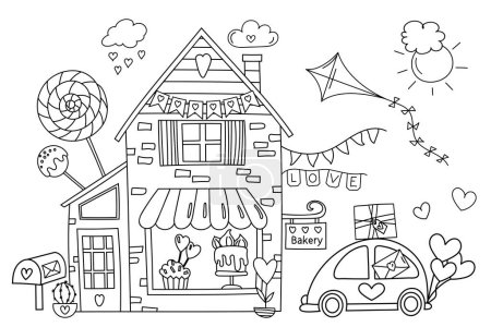 Illustration for Coloring Page - Sweet Bakery Illustration With Lots Of Sweets And A Car Nearby, Cakes, Candies - Coloring Book For Children - Royalty Free Image