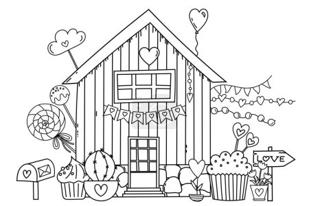 Illustration for Sweet Home Coloring Page - A Charming Illustration Of A House Filled With Sweets And Flowers, A Fairy-Tale House Coloring Book For Children - Royalty Free Image